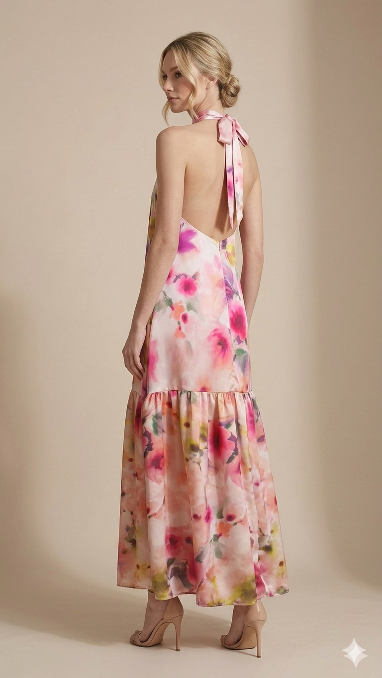 Abito Lungo Artigianale in Satin Rosa a Motivo Floreale con Scollo Halter