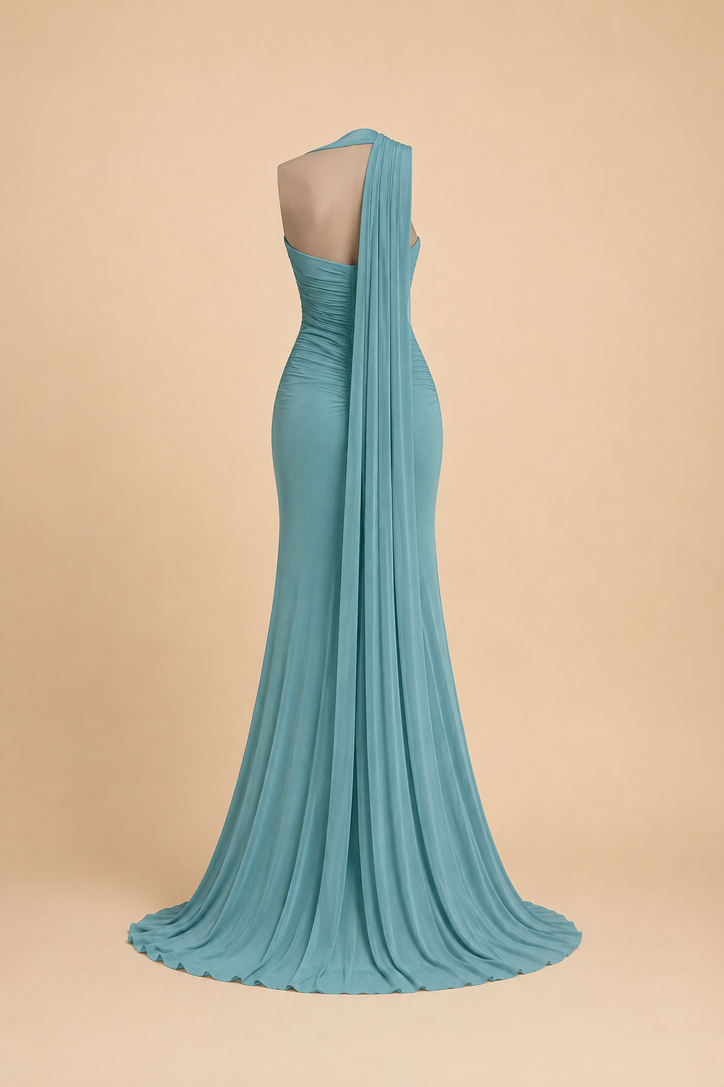 Abito da Cerimonia Verde Acqua Elegante con Drappeggio e Coda