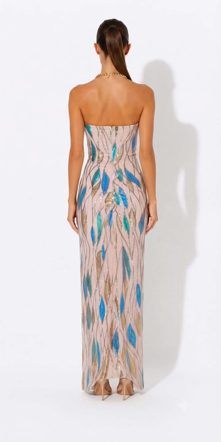 abito-lungo-sera-strapless-catena-oro-spacco retro