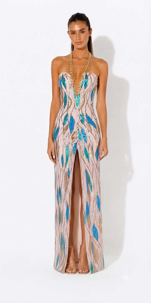 abito-lungo-sera-strapless-catena-oro-spacco