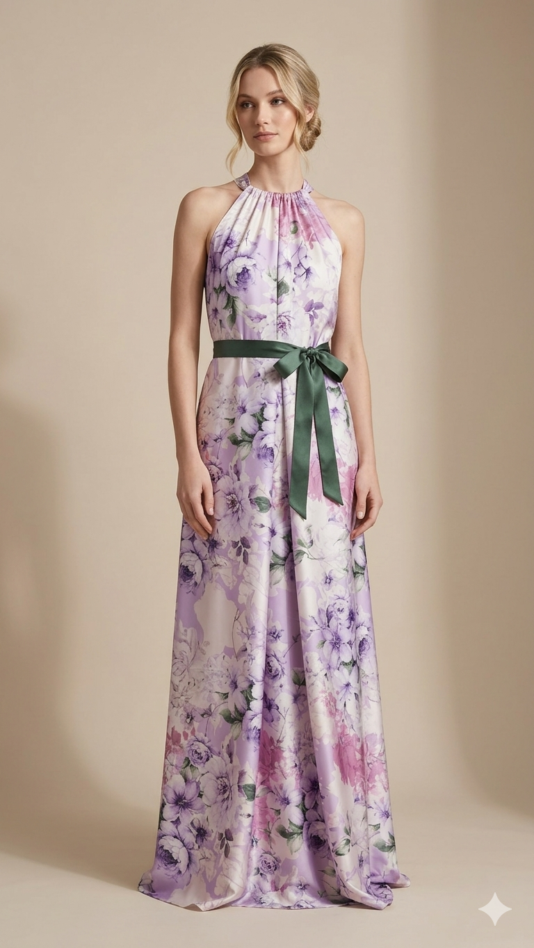Abito Lungo Floreale in Satin Artigianale