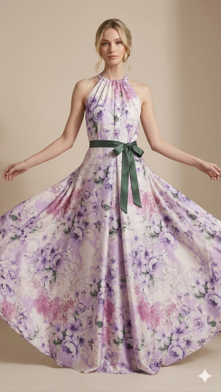 Abito Lungo Floreale in Satin Artigianale