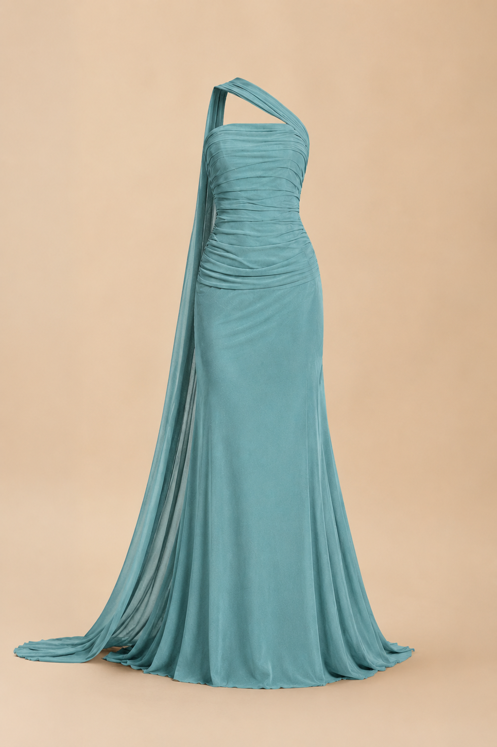 Abito da Cerimonia Verde Acqua Elegante con Drappeggio e Coda