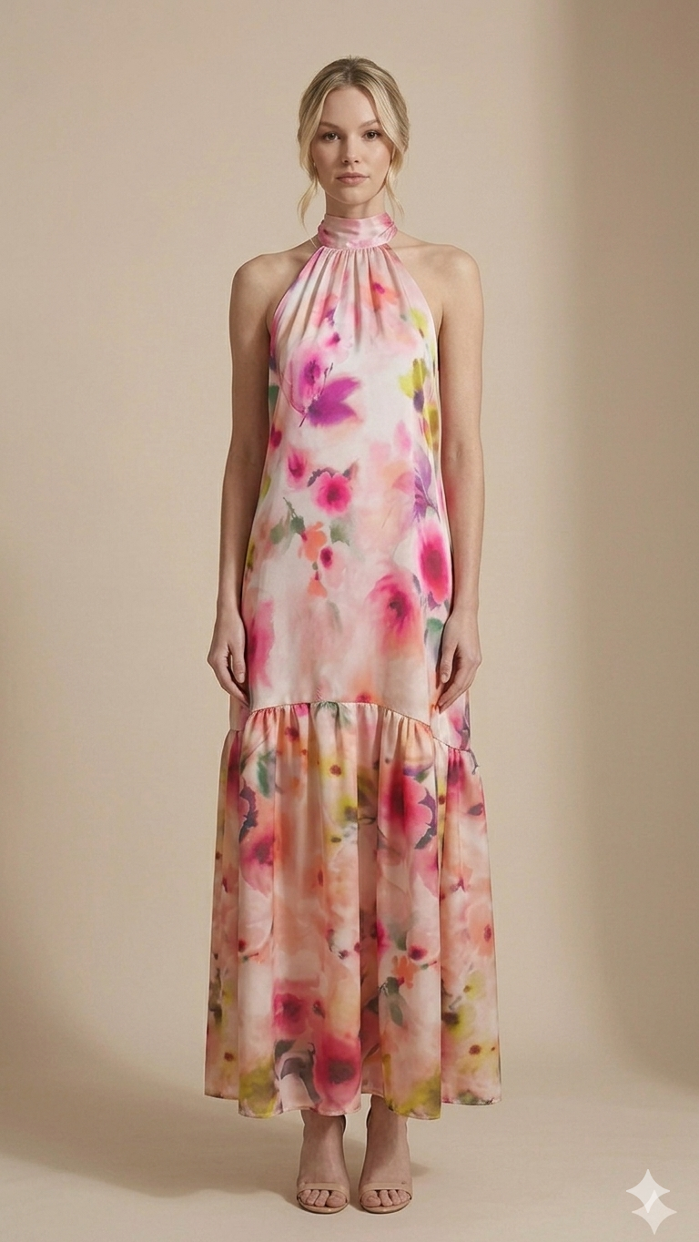 Abito Lungo Artigianale in Satin Rosa a Motivo Floreale con Scollo Halter